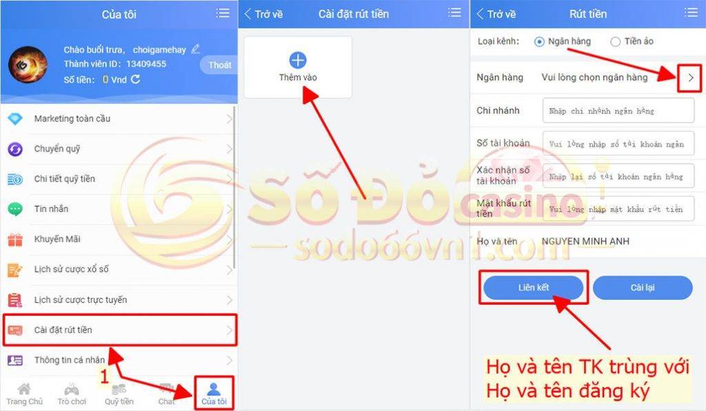 Hướng dẫn nạp rút tiền và chuyển quỹ tại SODO66 13 Hướng dẫn liên kết ngân hàng Mobile tại SODO66
