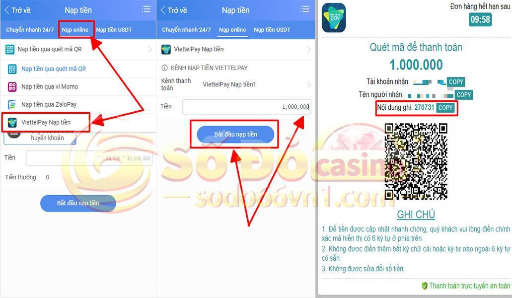 Hướng dẫn nạp rút tiền và chuyển quỹ tại SODO66 7 Hướng dẫn nạp tiền qua ViettelPay
